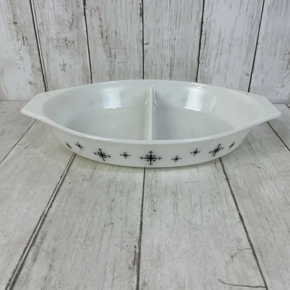 Pyrex MCM Black Atomic Star Compass Divided Casserole Dish  1 ½ Quart Starburst